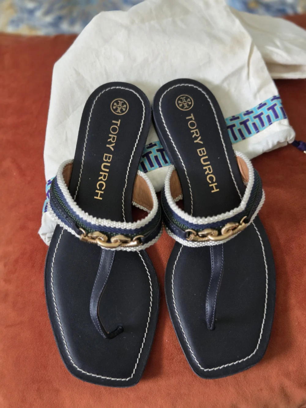 Tory Burch Navy Braided-Trim Chain Thong Sandals